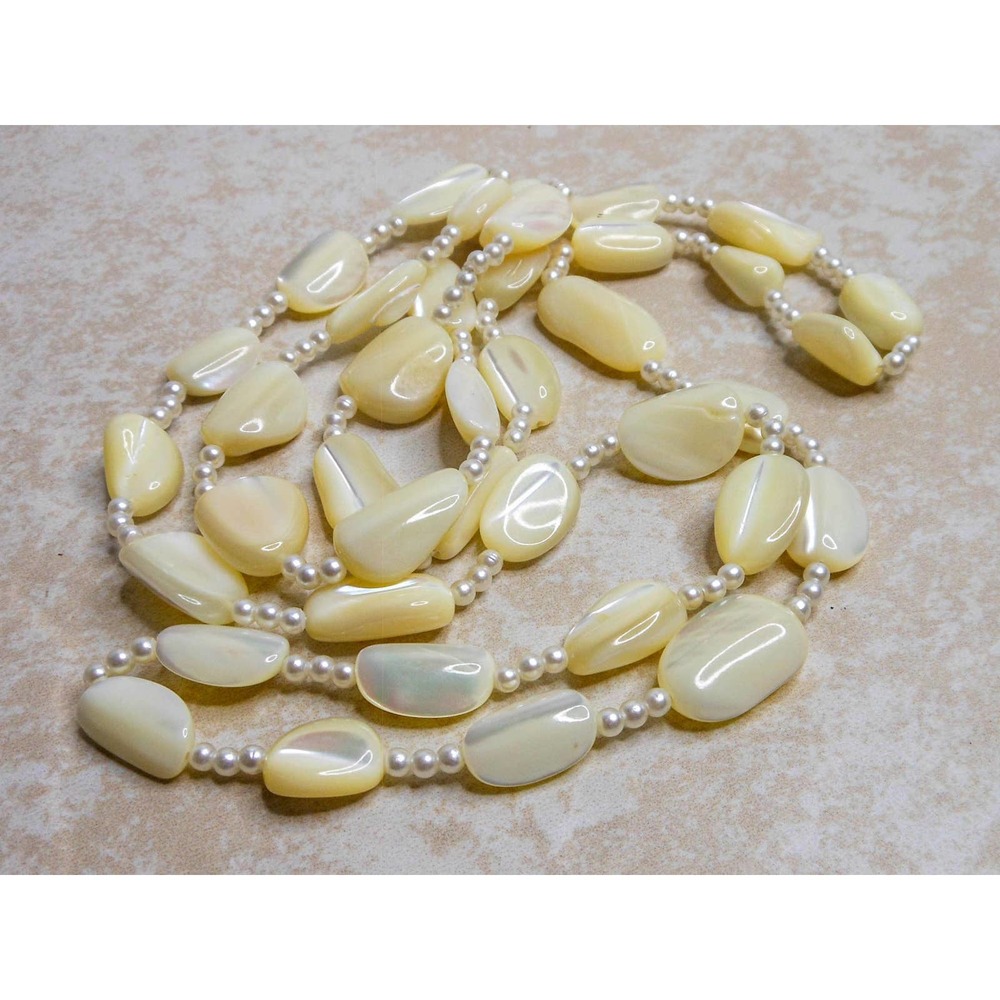 Vintage Carved White Mother of Pearl Bead  Long Versatile Layering Necklace